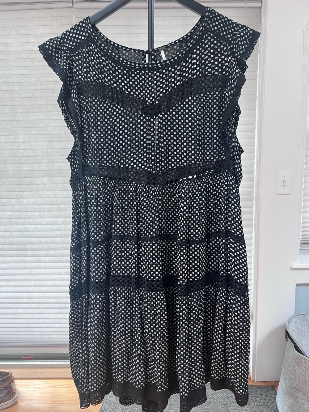 Free People Black & White Floral Lace Trim Tiered Mini Dress